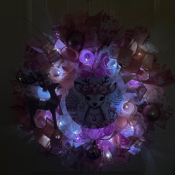 Handmade Pink Winter Floral Reindeer Holiday Ribbon Door Wreath 22 ins W82 - Picture 11 of 12